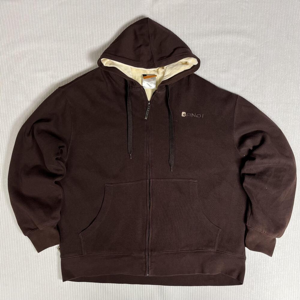 AND1 Hoodie Mens 2XL Brown Full Zip Sherpa Lined Fleece Logo Sweatshirt